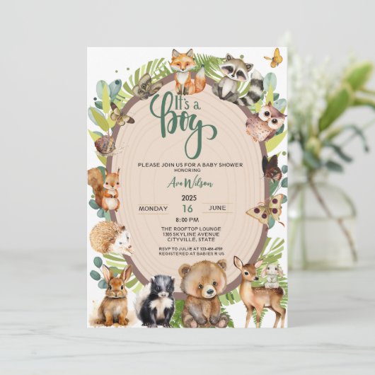 少年森林動物の森の赤ちゃんシャワー 招待状 (スタンド正面)