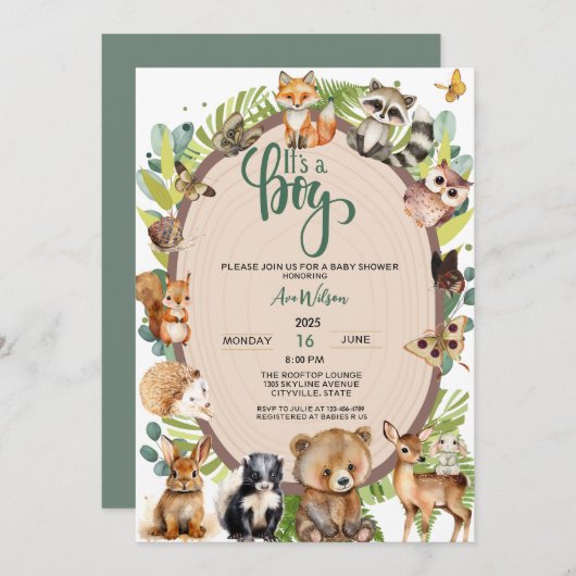 少年森林動物の森の赤ちゃんシャワー 招待状 (正面/裏面)