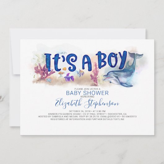 少年水中でのイルカの赤ちゃんシャワー海 招待状 (正面)