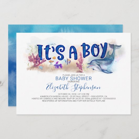 少年水中でのイルカの赤ちゃんシャワー海 招待状 (正面/裏面)