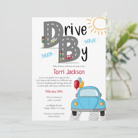 少年用のベビーシャワーブルーカーで運転する 招待状 (スタンド正面)