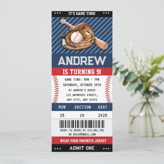 少年用の写真とカスタム野球チケット誕生日 招待状 (スタンド正面)
