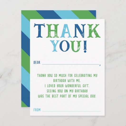 少年用カスタムストライプ 誕生日お礼カードを埋め込む ノートカード (正面/裏面)