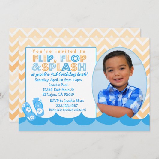 少年用プールパーティの招待状がフリップフロップ 招待状 (正面/裏面)