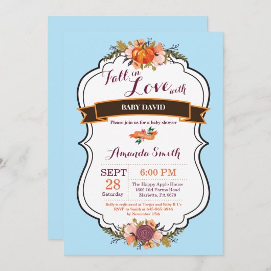 少年秋インラブカボチャ赤ちゃんシャワー招待状 招待状 (正面/裏面)