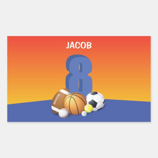 少年第8誕生日スポーツボール 長方形シール (正面)