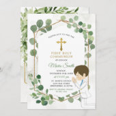 少年聖体拝領シンプルグリーンゴールド 招待状 (正面/裏面)