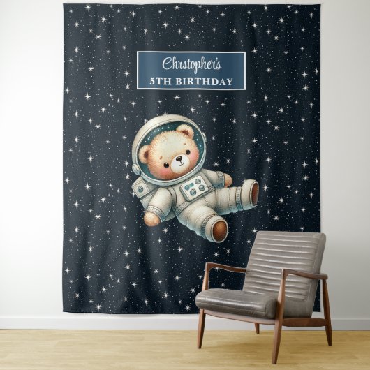 少年誕生日の背景とテディベア宇宙飛行士 タペストリー (インサイチュ)