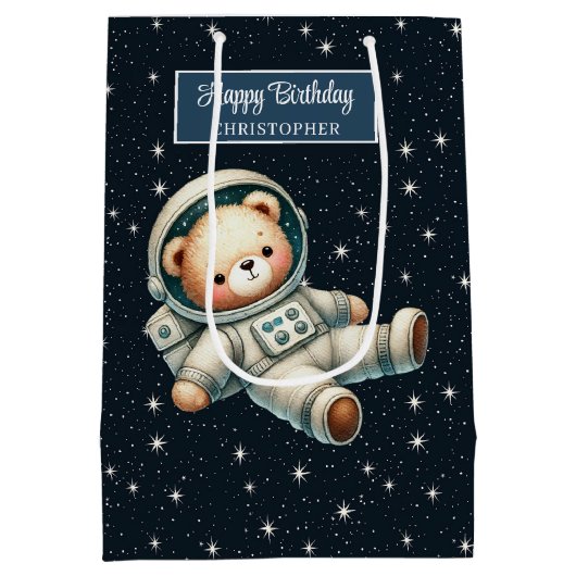 少年誕生日抱き枕とテディベア宇宙飛行士 ミディアムペーパーバッグ (裏面)