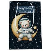 少年誕生日抱き枕とパーソナライズされた宇宙ベア ミディアムペーパーバッグ (正面)