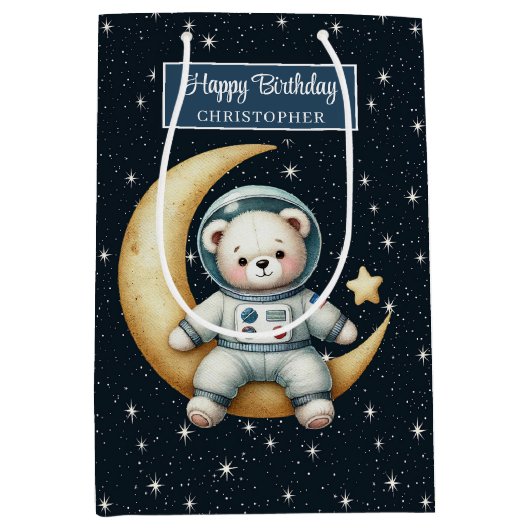 少年誕生日抱き枕とパーソナライズされた宇宙ベア ミディアムペーパーバッグ (正面)
