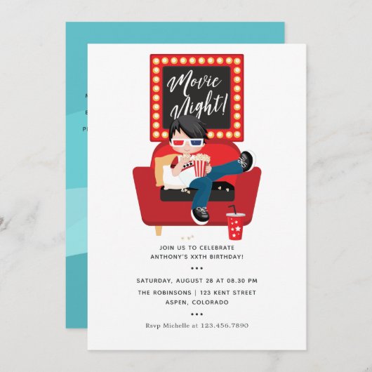 少年誕生日映画ナイトスリープバーパーティー 招待状 (正面/裏面)