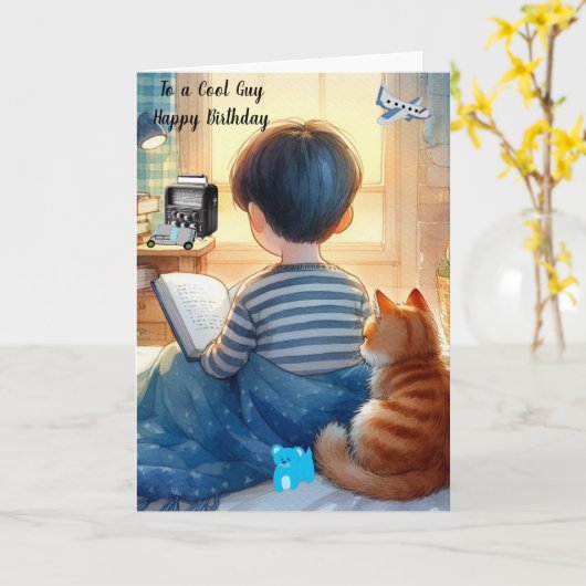 少年読の猫誕生日 カード (黄色い花)