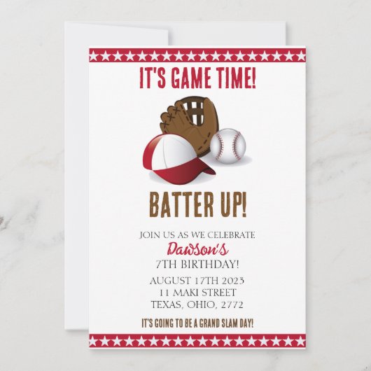 少年野球の誕生日パーティーへの招待 招待状 (正面)