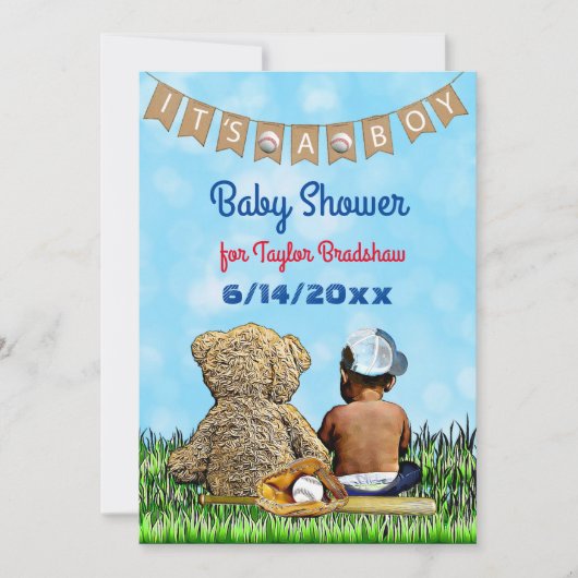 少年野球をテーマにしたエスニック・ベイビー・シャワー 招待状 (正面)