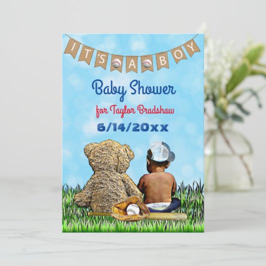 少年野球をテーマにしたエスニック・ベイビー・シャワー 招待状 (スタンド正面)