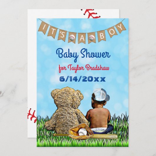 少年野球をテーマにしたエスニック・ベイビー・シャワー 招待状 (正面/裏面)