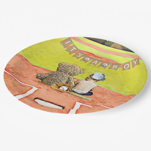 少年野球をテーマにした少年の赤ちゃんシャワー ペーパープレート (アングル)