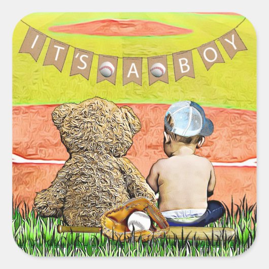 少年野球をテーマにした赤ちゃんシャワーシール スクエアシール (正面)