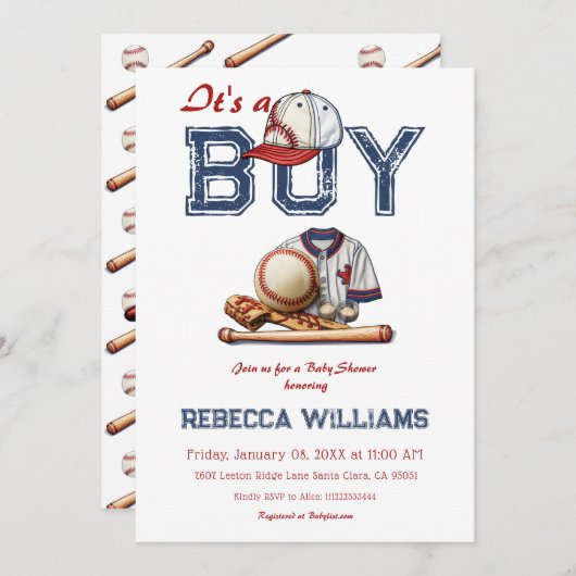 少年野球をテーマにした赤ちゃんシャワー 招待状 (正面/裏面)