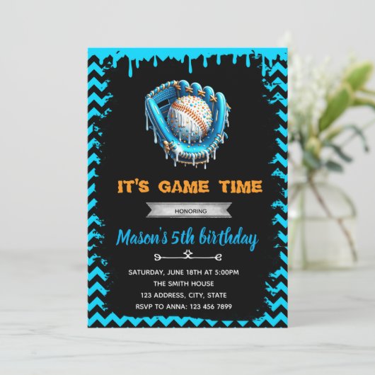 少年野球アイスクリームドリップ誕生日招待状 招待状 (スタンド正面)