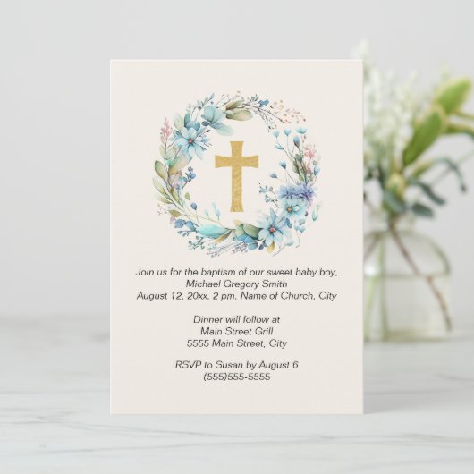 少年金ゴールドクロスブルーフローラ宗教洗礼 招待状 (スタンド正面)