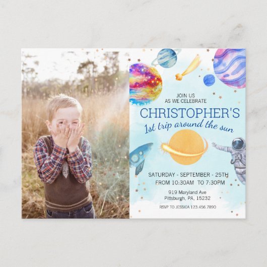 少年青い宇宙飛行士の宇宙誕生日パーティー ポストカード (正面)