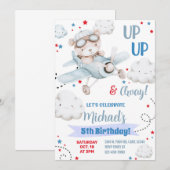 少年飛行機パーティーの招待状、クマ飛行機の誕生日 招待状 (正面/裏面)