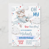 少年飛行機パーティー招待状、クマ飛行機誕生日 招待状 (正面)