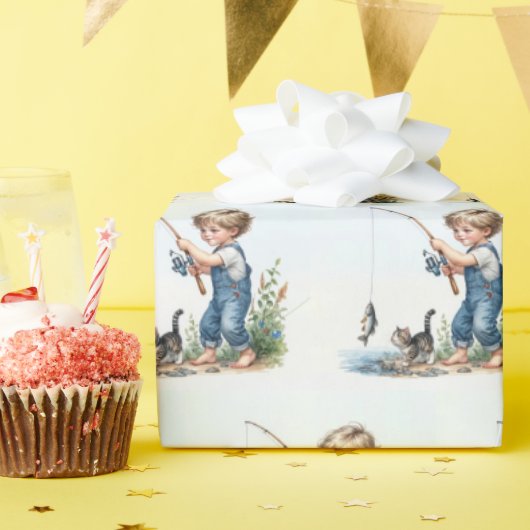 少年魚釣りと子猫 ラッピングペーパー (誕生日パーティー)