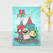 少年11誕生日赤と青の漫画のモンスター カード (黄色い花)
