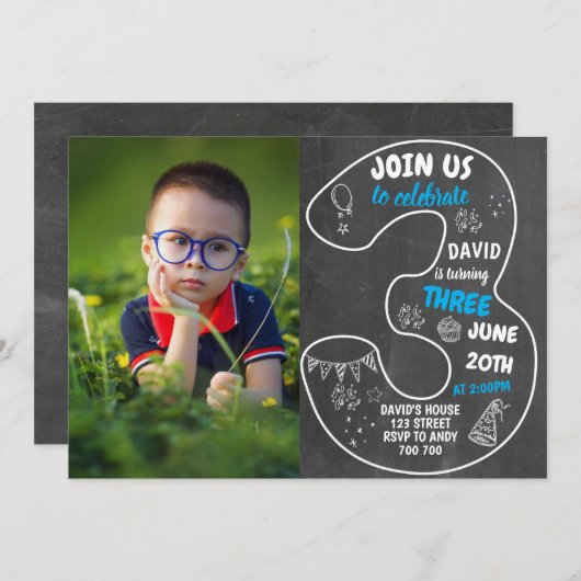 少年3歳の誕生日の黒板(写真番号青) 招待状 (正面/裏面)