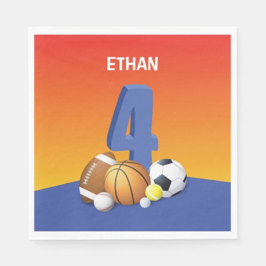 少年4歳の誕生日スポーツボール スタンダードランチョンナプキン (正面)
