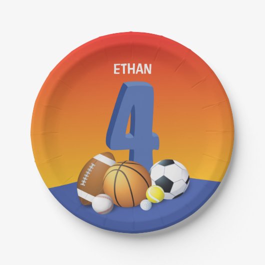 少年4歳の誕生日スポーツボール ペーパープレート (正面)