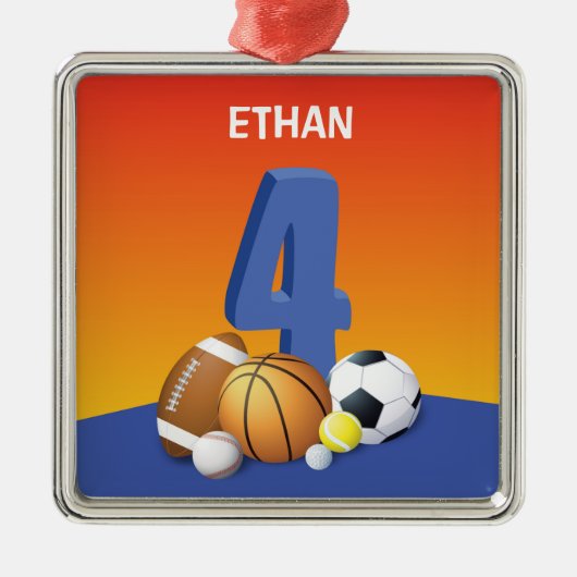 少年4歳の誕生日スポーツボール メタルオーナメント (正面)