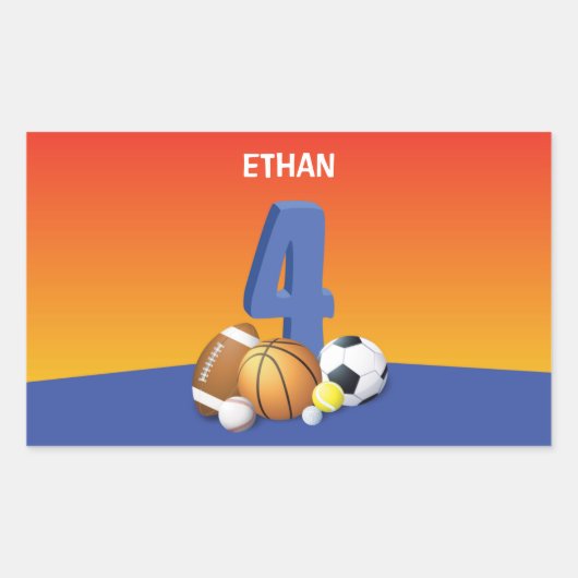 少年4歳の誕生日スポーツボール 長方形シール (正面)