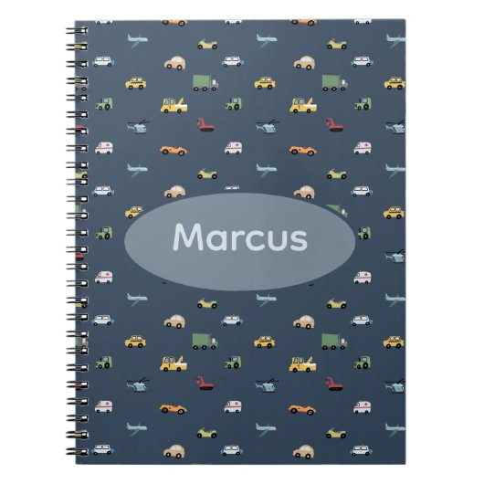 少年 かわいい 乗り物 カー パターン モノグラム 子ども ノートブック (正面)