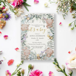 少年 かわいい 水彩 森 クマ 赤ちゃん シャワー 招待状