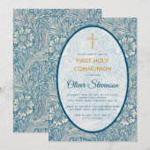 少年　ファーストコミュニオン　青い花のマリーゴールド　ウィリアム・モリス 招待状 (正面/裏面)