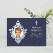 少年 写真 ファースト コミュニオン ネイビーブルー 偽 シルバー 招待状 (スタンド正面)
