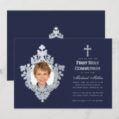 少年 写真 ファースト コミュニオン ネイビーブルー 偽 シルバー 招待状 (正面/裏面)