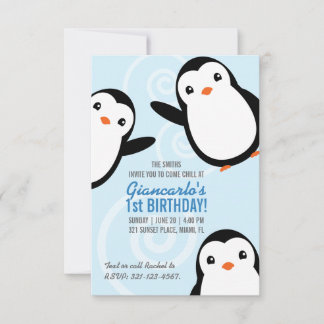 少年 冬 ペンギン 誕生日パーティー 招待状 印刷