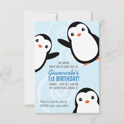 少年 冬 ペンギン 誕生日パーティー 招待状 印刷 (正面)