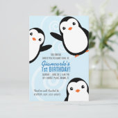少年 冬 ペンギン 誕生日パーティー 招待状 印刷 (スタンド正面)