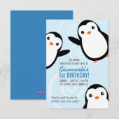 少年 冬 ペンギン 誕生日パーティー 招待状 印刷 (正面/裏面)