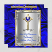 少年 初の聖体拝領 シルバー ゴールド ロイヤルブルー 招待状 (正面/裏面)
