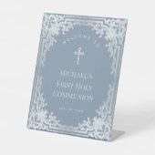 少年 初領聖体 ほこりっぽい青 ヴィンテージ お迎え 台座サイン (正面)