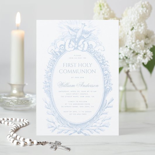 少年 初領聖体 青 白 聖霊 ヴィンテージ 招待状