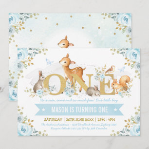 少年 森の動物 青 金 花柄 1歳 誕生日 招待状