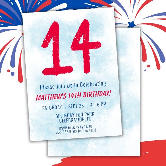 少年 水彩 青 14歳 誕生日 招待状